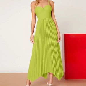 Lime Green Asymmetrical Hem Pleated Dress